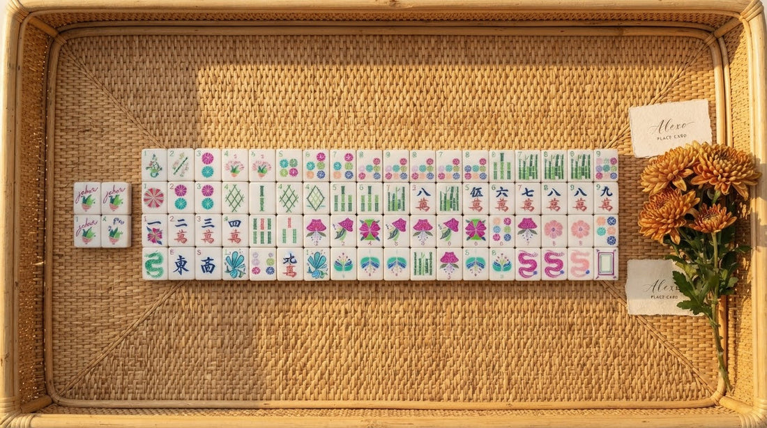 Four women on a coastal porch as one lays a run of five matching tiles on her rack