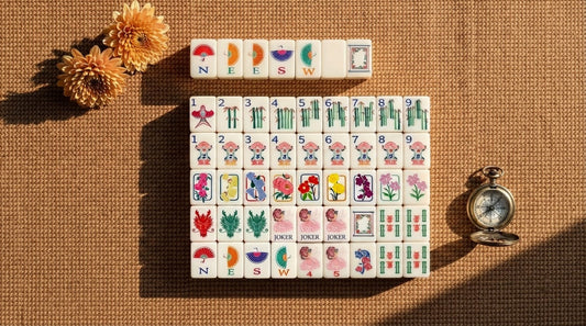 A player sets a wind tile at her side of the mat in a botanical garden meeting room