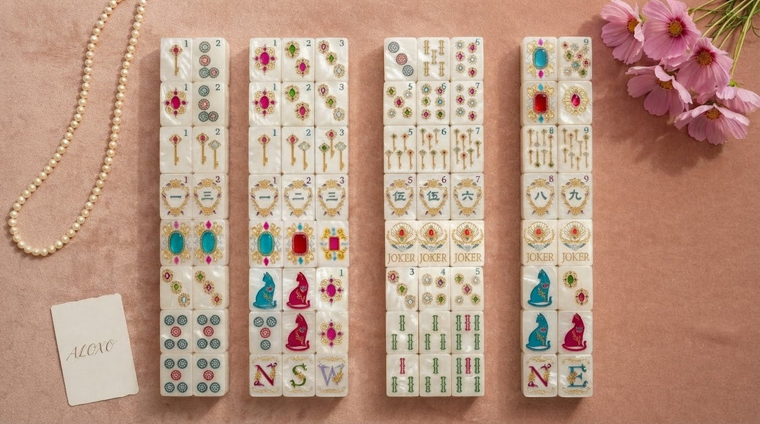 Four women sort tiles into blocks at a quilting guild workroom mahjong table