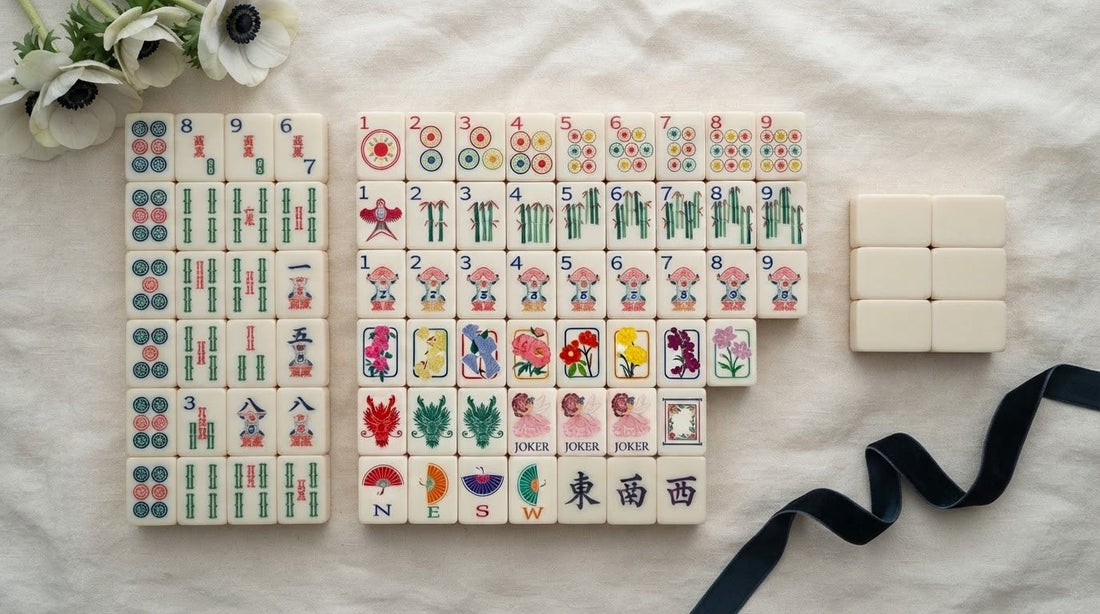 A player passes three face-down tiles along at a farmhouse kitchen mahjong table