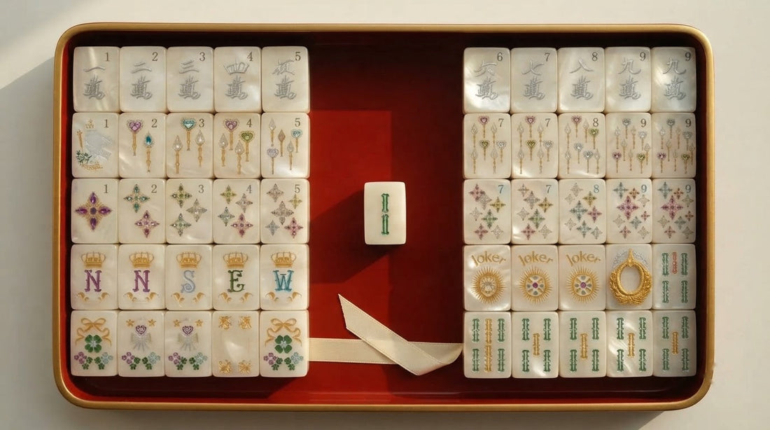 Women at a church hall table passing a mahjong tile, racks and ivory tiles under arched windows