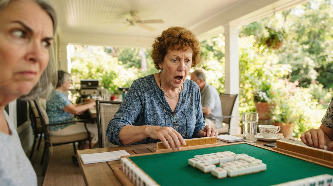 Community center table where one player double-checks her rack while another raises a cautious hand