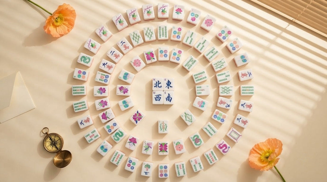 Woman rolling gemstone dice across the mat to claim the East seat while three players watch