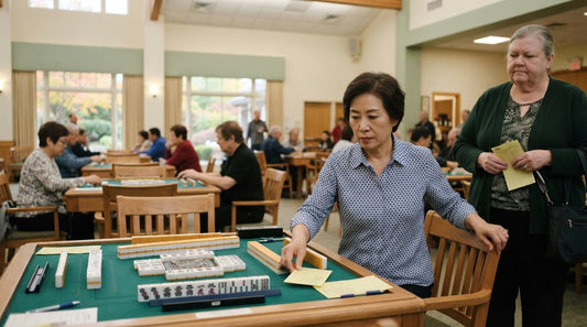 Composed players seated in silence at a tournament table under skylights in a senior center