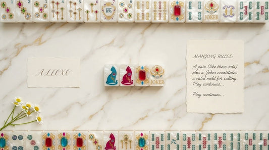 Women in a sunroom checking the printed rule card together over scattered ivory tiles
