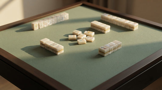Women passing three tiles to the right around an apartment party room table at dusk