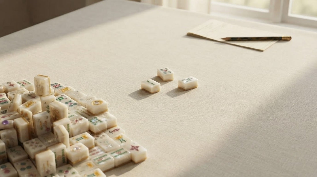 Four women laughing around a sunroom card table with ivory mahjong tiles on pearl racks