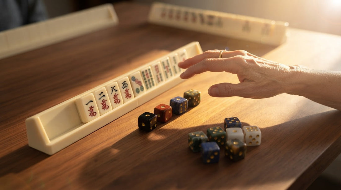 Four women watching a dice roll at a hotel tournament mahjong table
