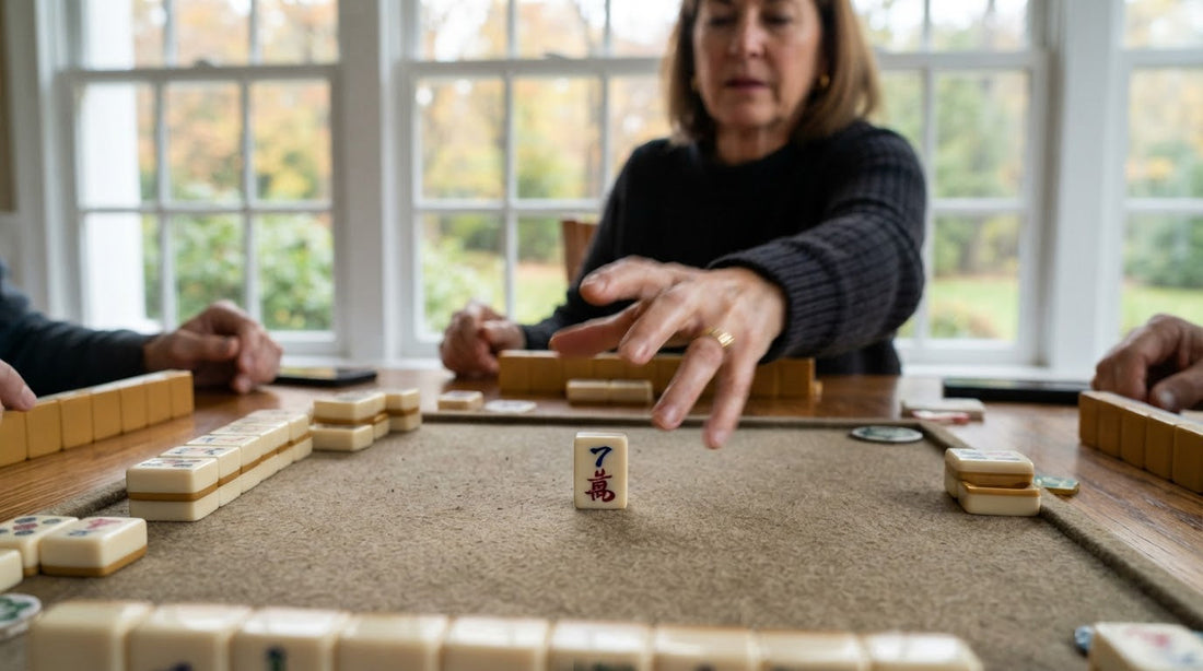 Four women in a ski lodge reacting as one reaches quickly for a discarded tile