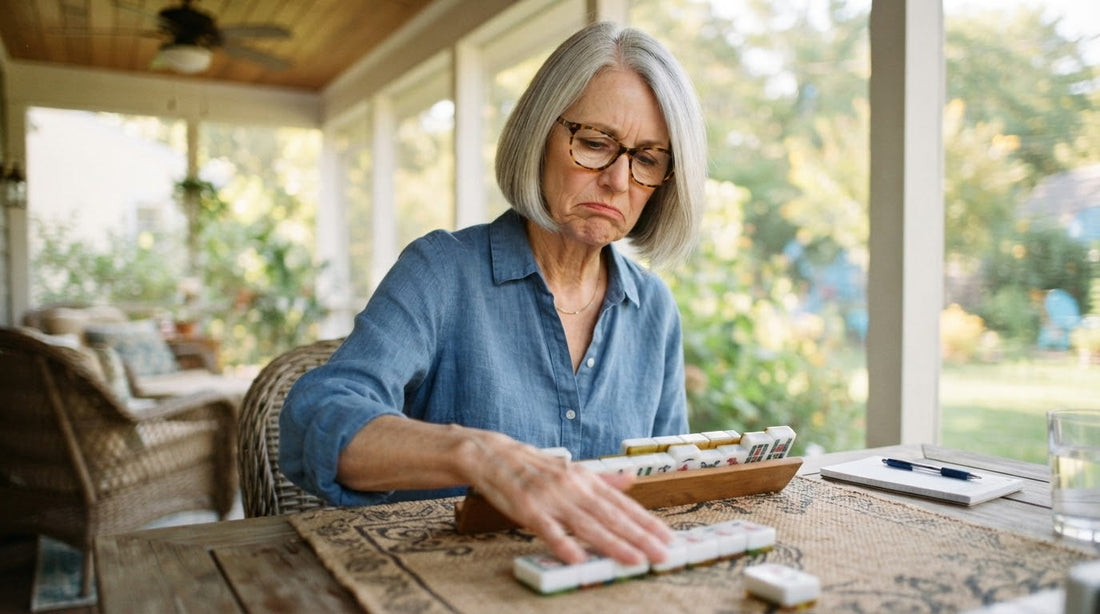 Four women on a beach house sunporch as one rights a tipped tile on her rack