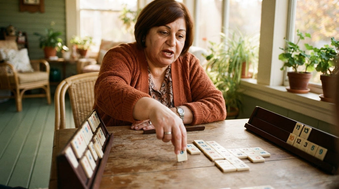 Four women watching a wind tile discard at a VFW hall mahjong table