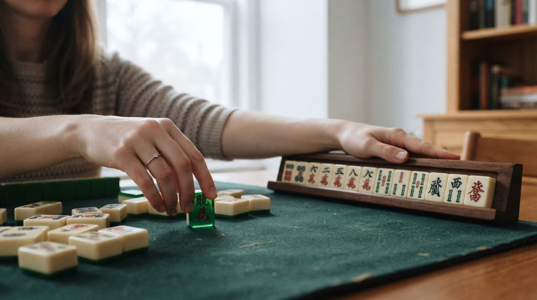 Four women examining a red dragon tile at an alumni club mahjong table