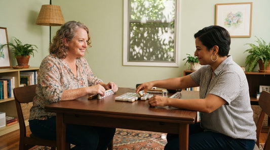 Four women at a bridge club table deciding whether to pass a pair of matching tiles