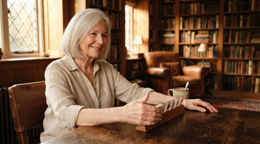 Four women at an assisted living table as one conceals her rack of mahjong tiles