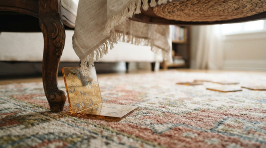 Four women at a folding table in a winter community room as one retrieves a fallen tile