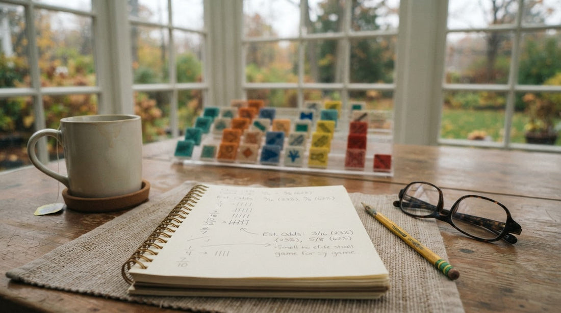 Four women on a spring screened porch tallying a score on a notepad beside the tile wall