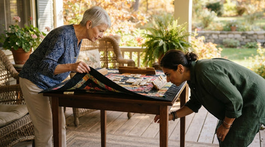 Four women at a church hall table stacking tiles into neat rows and counting them together
