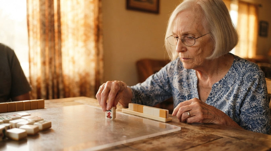 Four women in a condo clubhouse lounge, one hesitating over whether a tile is safe to discard