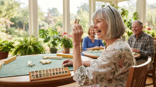 Four women in a greenhouse room celebrating as one raises her self-drawn winning tile