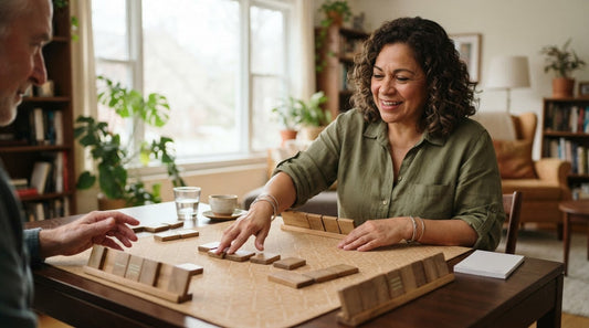 Four women in a winery tasting room passing three tiles left during a second Charleston
