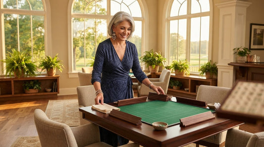 Four women in a sunroom as the hostess refills a teacup beside a table set with cookies