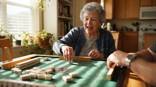 Four women around a square sunroom table pause as one calls a mahjong tile name that does not match.