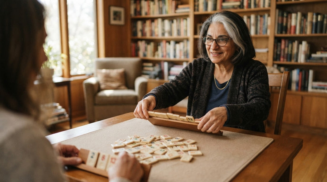 In a retirement lounge, a player turns her rack forward to concede as her tablemates nod kindly.