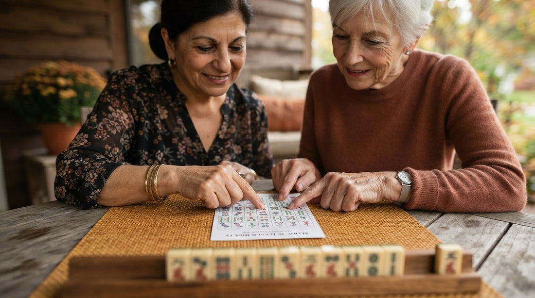 Fourteen tiles laid face-up at a club table as four women verify the winning pattern against the card.