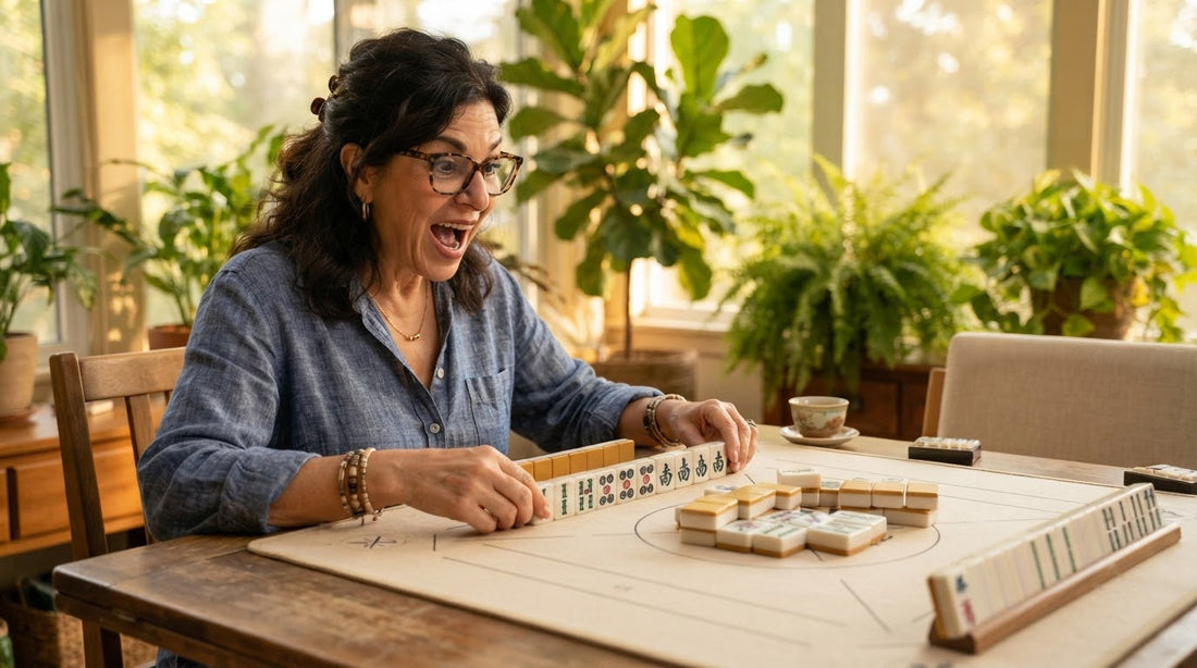 At a senior center table, a player shows a freshly dealt winning hand as her tablemates react.
