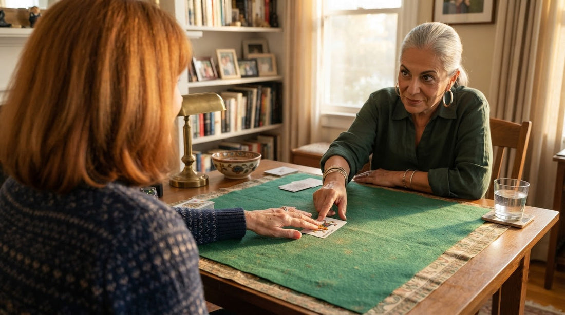 In a condo lounge, a player reaches for an exposed joker on her turn as tablemates watch the timing.