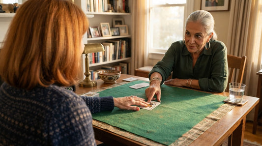 In a condo lounge, a player reaches for an exposed joker on her turn as tablemates watch the timing.