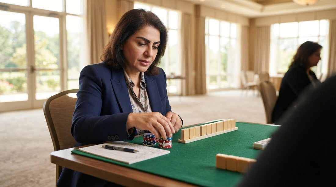 At a yacht club table, a beaming dealer shows her self-drawn winning tile as the others pay out.