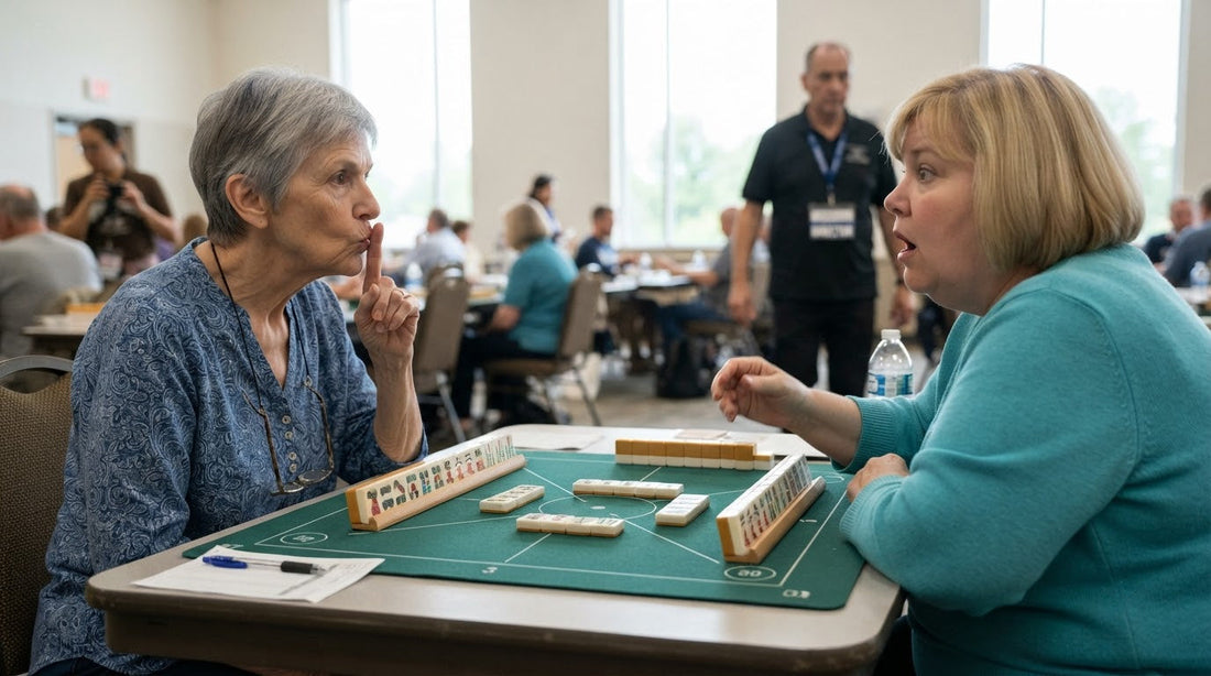 Four women play in complete silence at a beach house sunroom table, each focused on her own rack.