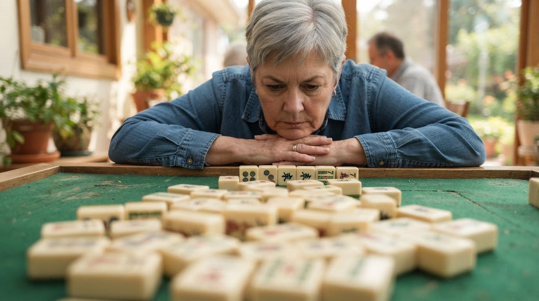 Four women at a bridge club table study a tidy row of discarded tiles without touching them.