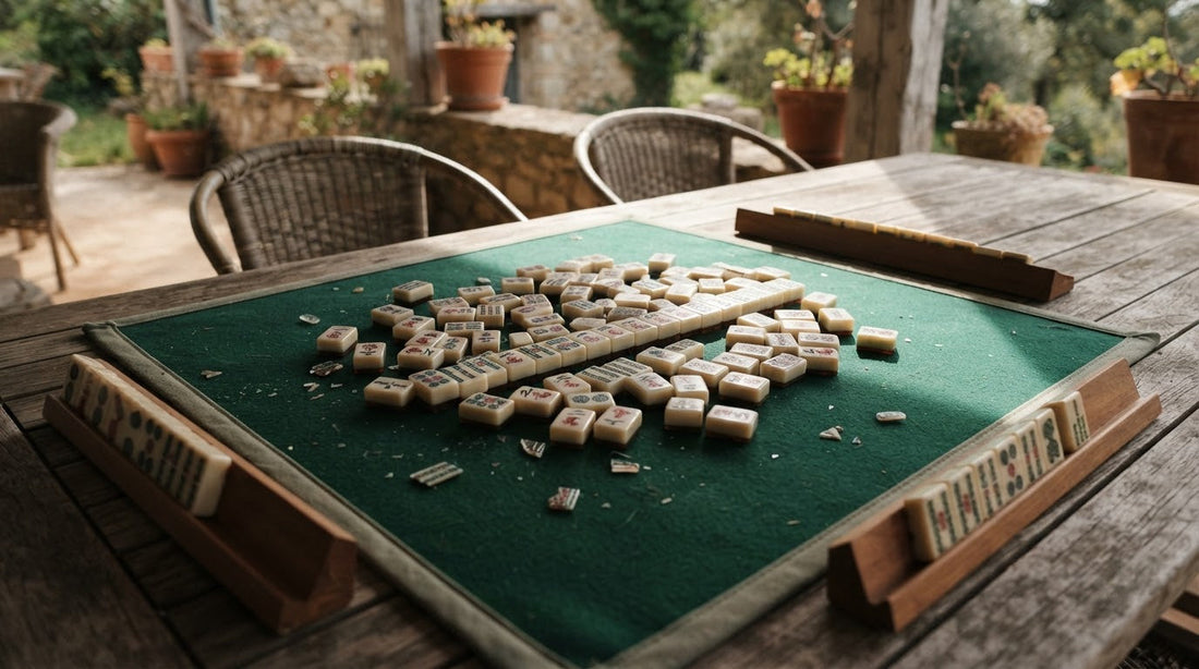 On a lake house porch, a player nudges a stray mahjong tile back into a straight discard row.