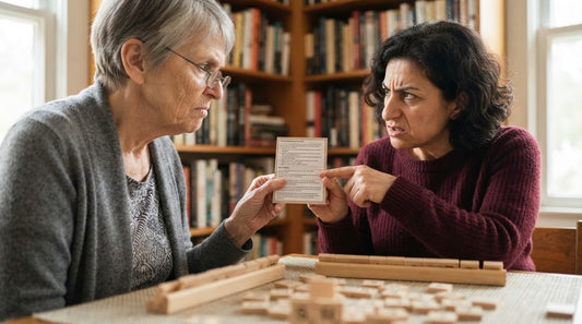 In a spa resort lounge, two women puzzle over a dense rule card while their tablemates lean in.