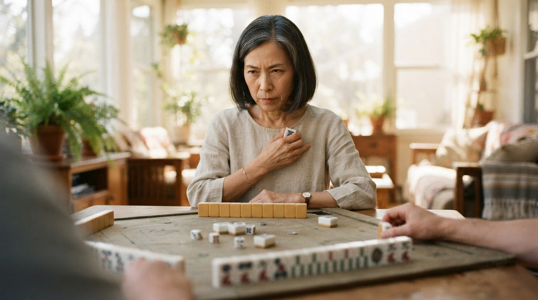 In a wine bar room, one player keeps her rack turned away while three others study her closely.