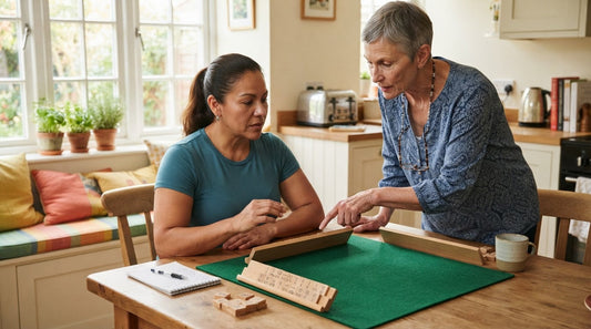 In an assisted living lounge, a player guides a newcomer through her first open-hand practice game.