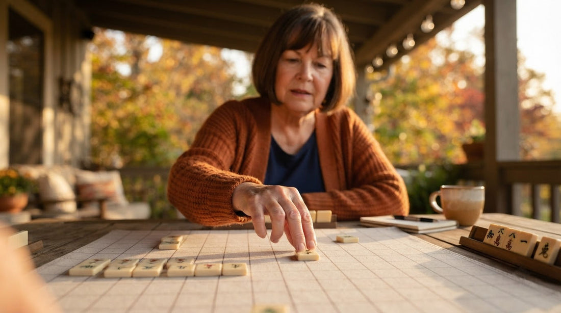 At a hotel tournament table, a player sets her drawn tile firmly into her rack as the others watch.
