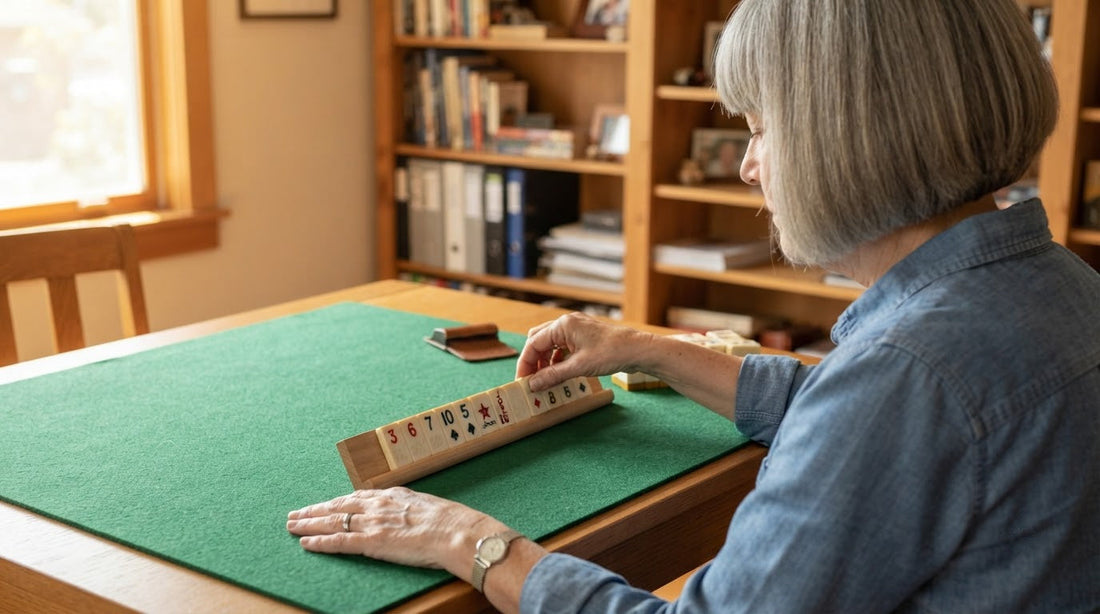 Four women at a mahjong table in a sunlit sunroom with ferns, tiles resting on their racks