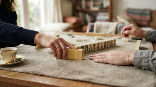 Four women passing mahjong tiles on a screened summer porch, greenery beyond the screens
