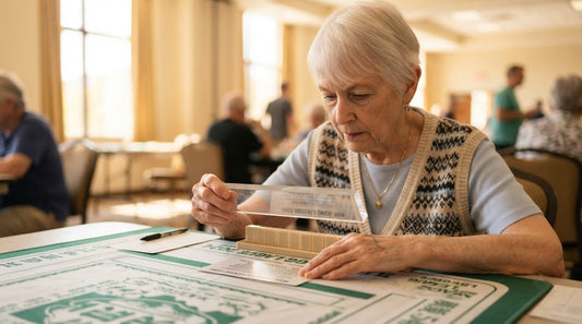 Four women at a library mahjong table, one holding a slim magnifier bar over her card