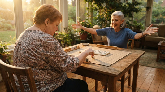 Four women in a country club card room weighing a discard, one rack showing three melds