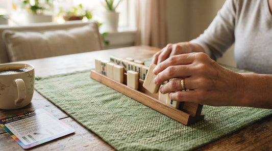 Four women mid-discussion at a community center mahjong table, club flyers on the board