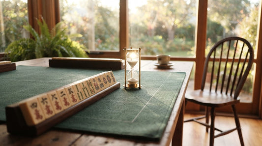 Four women in a senior center game room playing a brisk mahjong round beneath a wall clock