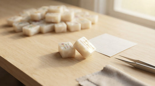 Four women at a craft room mahjong table, one applying a small replacement decal to a tile