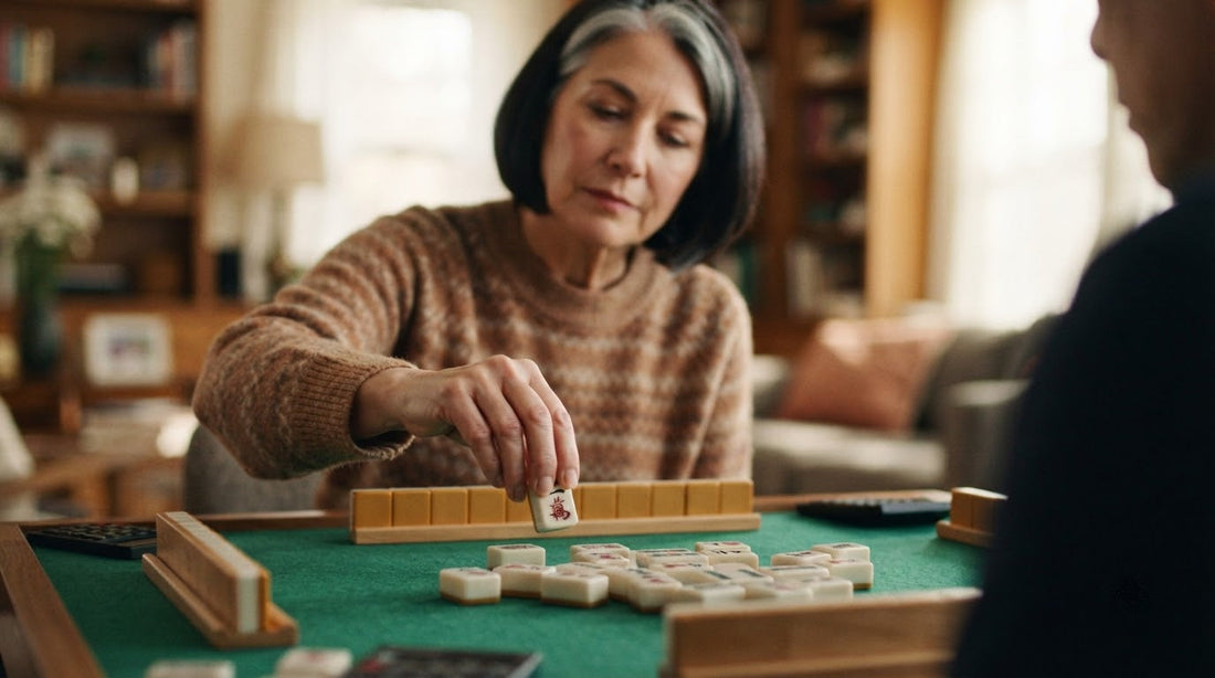 Four women in a winter country club lounge as one draws her hand back from a released tile