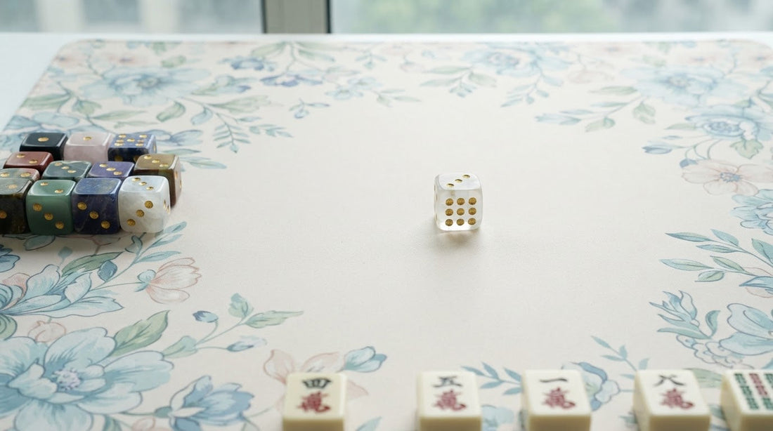 Four women passing a pair of gemstone dice at a beach house mahjong table by the ocean