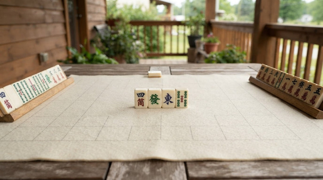 Four women at a condo clubhouse mahjong table with the tile wall running thin between them