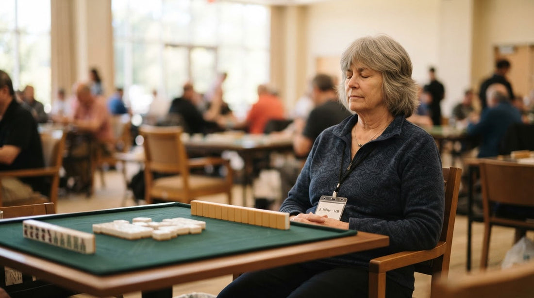 Four women at a hotel tournament table, one pausing for a slow breath over her tiles